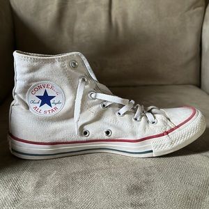 Converse, size 8 in women’s, white Chuck Taylor’s, red and blue stripe